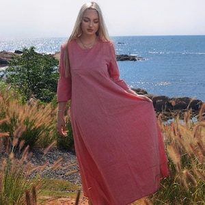 Women Linen Dress 3/4 Sleeves Dress Linen Maxi Dress with Pockets Loose Casual Fall Fress Long Dress Long Robe Custom Dress Plus Size Dress