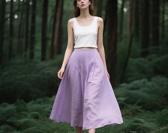 Women Linen A-Line Midi Skirt with Pockets High Waist Skirt with Side Zipper and Belt Loops Flowy Summer Skirt in Light Purple Custom Skirt