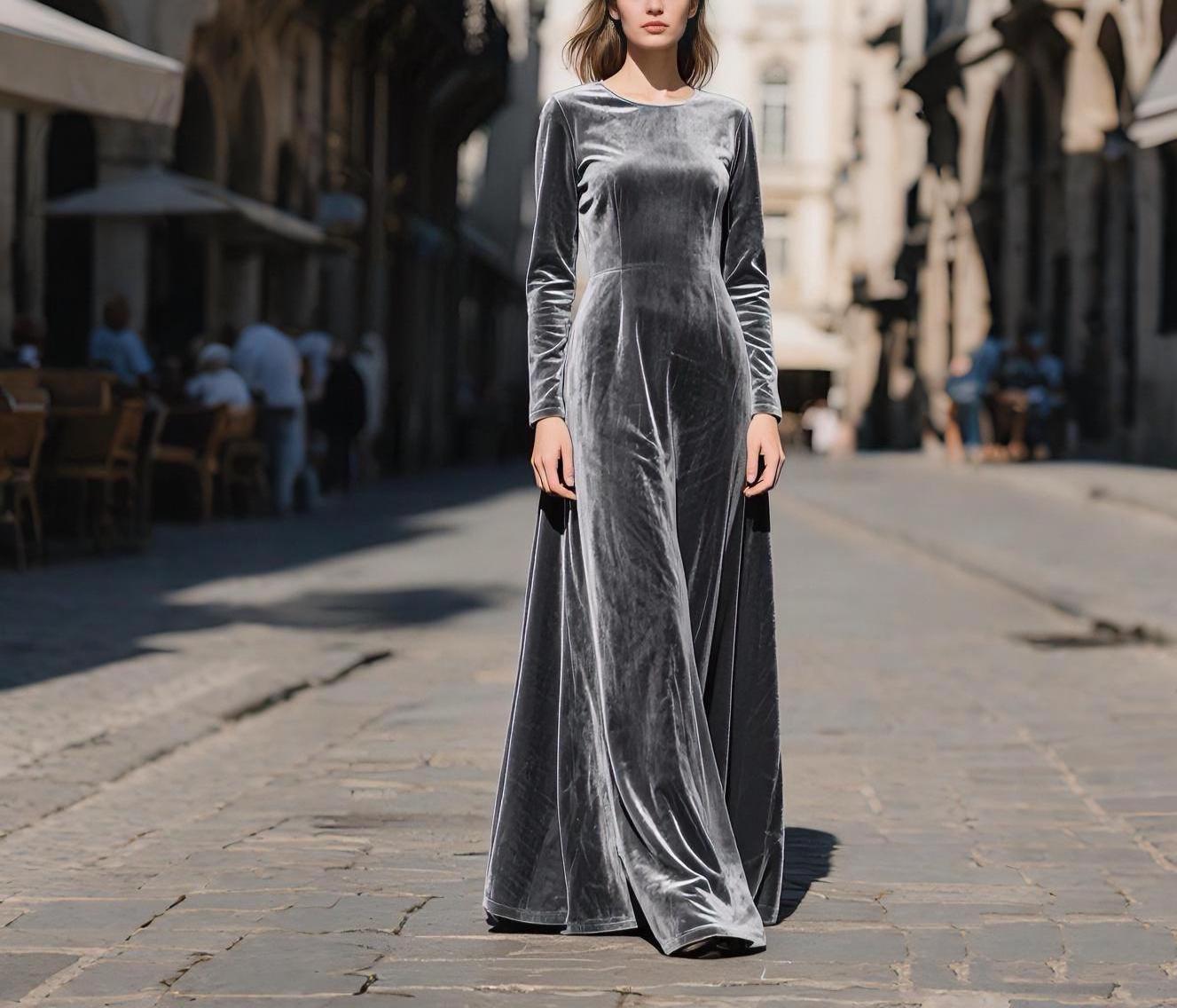 grey velvet dress Denise All Measurements Are For A Size Small Silver velvet dress | Victorian