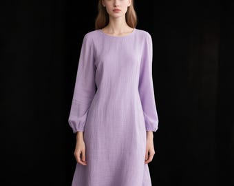Vintage Linen A Line Midi Dress Long Sleeve Boho Linen Dress with Pockets Minimalist Summer Fall Dress Wedding Dress Women Modest Dresses