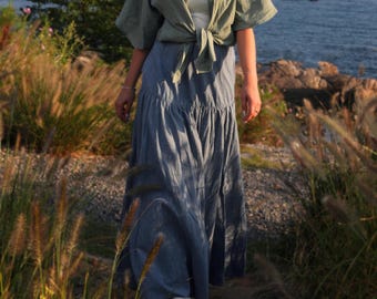 Leinen Rock in A-Linie Tiered Leinenrock für Frauen Layered Maxi-Rock mit Taschen Elastische Taille Boho Rock Sommer-Fall-Rock Plus Größe Rock