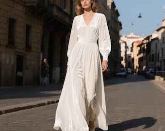Elegant White Velvet Maxi Dress With Long Sleeves | Minimalist Formal Gown  | Winter Wedding Guest Dress | Soft Flowing Outfit Autumn Dress - Etsy