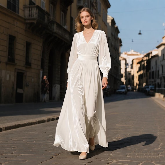 White Velvet Maxi Dress Women Long Sleeve Gown Elegant Fall Winter Wedding Dress Bishop Sleeve Velvet Evening Dress Custom Dress Party Dress