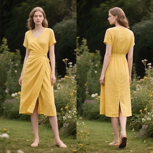 Women Linen Wrap Dress with Belt and Pockets Short Sleeves Custom Midi Summer Fall Dress with Back Slit V Neck Dress Handmade Linen Dress