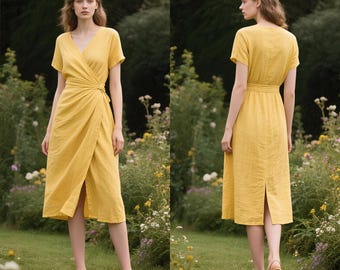 May include: A yellow wrap dress with short sleeves and a V-neck. The dress has a tie closure at the waist and a knee-length skirt. The model is wearing sandals. The dress is made of a lightweight fabric.