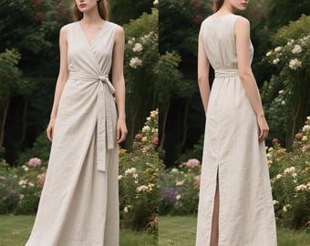 Sleeveless Linen Wrap Maxi Dress with Waist Tie and Back Slit  Custom Linen Dress with Belt and Pockets Elegant Summer V Neck Long Dress