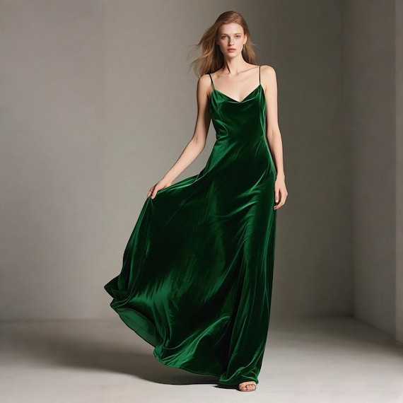 green velvet spaghetti strap dress Green Velvet Maxi Dress Women Spaghetti Strap Dress Slip Dress Long Evening  Gown Holiday Party Dress Bridesmaid Dress Autumn Winter Dress