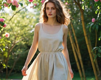 Vestido de linho feminino sem mangas, vestido de verão, vestido longo cottagecore, vestido de verão boho de linho com bolsos, vestido com cintura elástica, vestido personalizado para mulheres