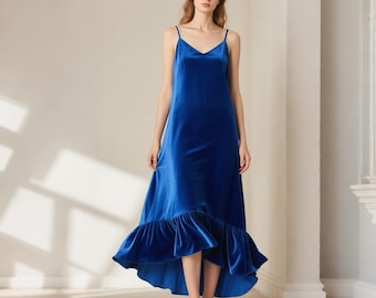 Womens Blue Velvet Slip Dress with High Low Ruffle Hem V Neck V Back Dress Spaghetti Strap Maxi Dress Holiday Party Dress Fall Winter Dress