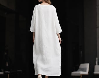 Vestido largo de lino blanco con mangas tres cuartos y hombros caídos. Vestido minimalista de lino para estar en casa, tallas grandes. Vestido bohemio de verano para vacaciones.
