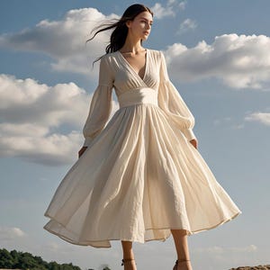 Bohemian Linen Wrap Maxi Dress Deep V-Neck Flowy Dress A-Line Gown with Long Sleeves Summer Fall Dress Custom Party Dress Plus Size Dress