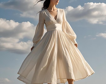Bohemian Linen Wrap Maxi Dress Deep V-Neck Flowy Dress A-Line Gown with Long Sleeves Summer Fall Dress Custom Party Dress Plus Size Dress