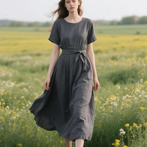 Linen Maxi Dress with Belt Short Sleeve Round Neck Summer Fall Dress Flowy Casual Dress Minimalist Linen Clothing for Women Custom Dress