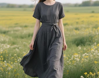 Linen Maxi Dress with Belt Short Sleeve Round Neck Spring Summer Dress Flowy Casual Dress Minimalist Linen Clothing for Women Custom Dress