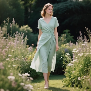 Linen Wrap Dress With Belt Short Sleeve V-Neck Midi Dress Summer Flowy Linen Dress Minimalist Natural Dress Custom Fit Cottagecore Dress