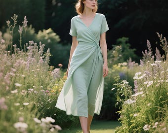 Könnte beinhalten: Ein hellgrünes Wickelkleid mit kurzen Ärmeln und V-Ausschnitt. Das Kleid ist in der Taille gebunden und reicht bis zur Mitte der Wade. Die Person geht in einem Garten mit Blumen und Grün.