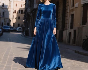 Blue Velvet Dress Women, Long Sleeve Floor Length Velvet Gown, Elegant Handmade Velvet Maxi Dress, Winter Formal Evening Dress Custom Dress
