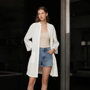 Cappotto boho in lino bianco con tasca applicata, cappotto in lino lavato a maniche lunghe, capospalla da spiaggia per resort, cappotto estivo/autunnale per vacanze, cappotto personalizzato