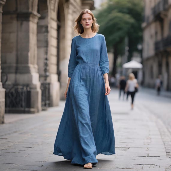 chinese dress ladies WNEEDU Women's 3/4 Sleeve Casual Loose Long Maxi Dresses with Pocket,Royal  Blue,S at Amazon Women's Clothing store