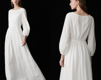 White Linen Maxi Dress Women Long Sleeve Dress Boho Cottagecore Dress Custom Handmade Dress Spring Fall Dress Minimalist White Linen Gown