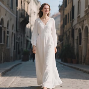 White Linen Dress  V-Neck Long Sleeve Maxi Dress Handmade Flowy Minimalist Dress Women Dress Custom Dress Summer Fall Dress Plus Size Dress
