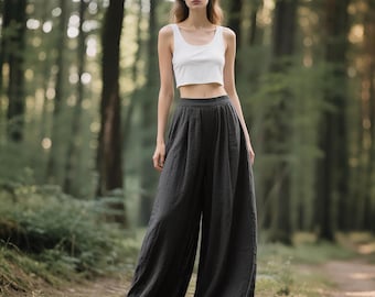 Linen Pants Women Elastic Waist Wide Leg Pants with Pockets Handmade Custom Pants Minimalist Summer Pants Long Pants Loose Casual Pants