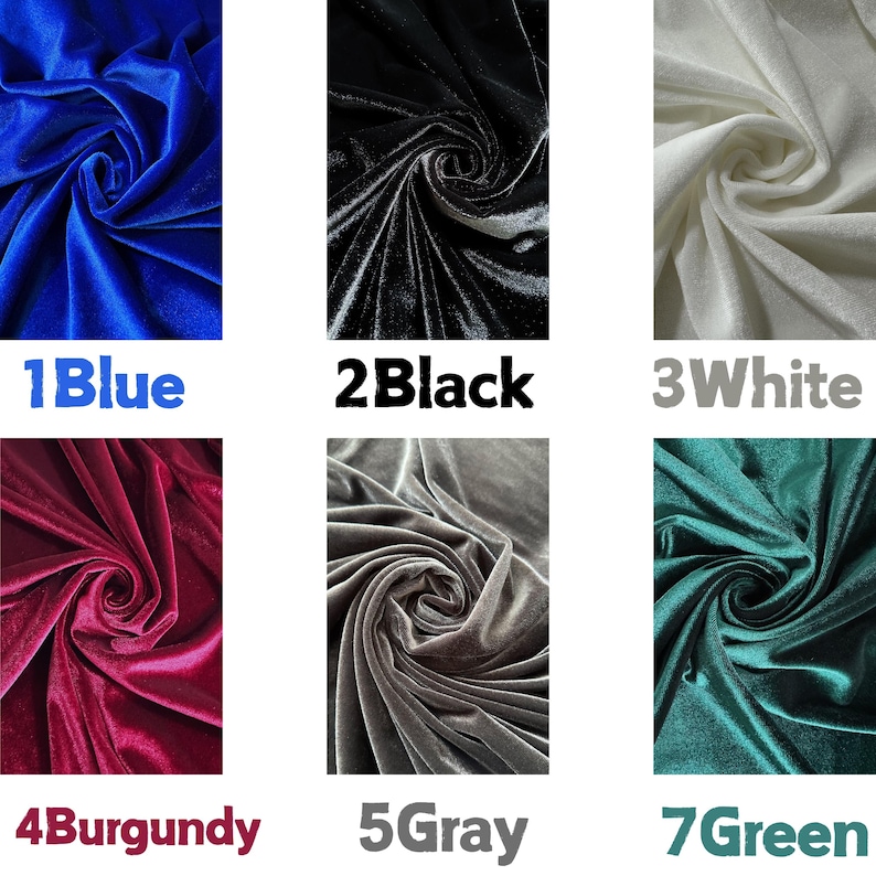 May include: A collection of velvet fabric swatches in various colors. The swatches include blue, black, white, burgundy, gray, and green. Each swatch is labeled with a number and color name. The fabric is draped and shows a soft texture.
