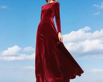 Vestido largo de terciopelo rojo vino para mujer, vestido de manga larga, elegante vestido formal, vestido de noche largo hasta el suelo, vestido de fiesta de otoño e invierno, vestido personalizado