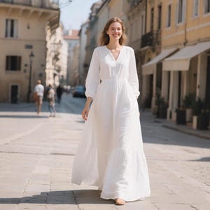 White Linen Maxi Dress Flowy Boho Cottagecore Gown with Long Sleeve V-Neck Tiered Maxi Dress Spring Summer Dress Kaftan Dress Custom Dress