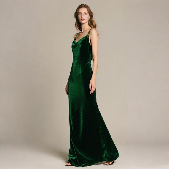 green velvet cowl neck dress Retro Stage Green Velvet Cocktail Dress Pearl Button Detail V Neck Trumpet Hem main image 1