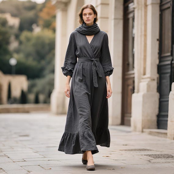 flowy wrap maxi dress Linen 3/4 Ruffle Sleeve Linen Gown Handmade Boho Dress with Flounce Hem and Pockets Spring Fall Dress Women Custom Dress collection_1960s_style_dresses