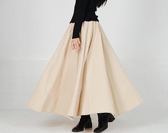 Elegant Full Circle Cotton Maxi Skirt Flowing A-Line Skirt Custom Skirt with Pockets Elastic Waist Vintage Twirl Skirt Women Ballroom Skirt