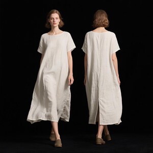 Linen Dress for Women Loose Casual Linen Midi Dress with Pockets Linen Tunic Dress Short Sleeve Summer Dress with Back Slit Custom Dress