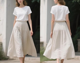Linen Midi Skirt with Side Zipper High Waist Tiered Skirt with Belt Loops and Pockets Flowy A-Line Custom Skirt Cottagecore Handmade Skirt
