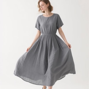 Women Linen Maxi Dress with Pockets Short Sleeve Elastic Waist Summer Fall Dress Flowy Minimalist Dress Handmade Custom Dress Elegant Dress