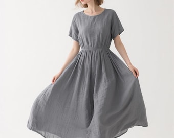 Dames linnen maxi-jurk met zakken korte mouw elastische taille zomer herfst jurk vloeiende minimalistische jurk handgemaakte aangepaste jurk elegante jurk