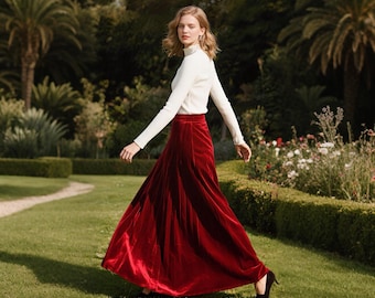Wine Red Velvet Maxi Skirt for Women High Waist Skirt A-Line Skirt Elegant Evening Skirt Party Holiday Outfit with Side Zipper Custom Skirt
