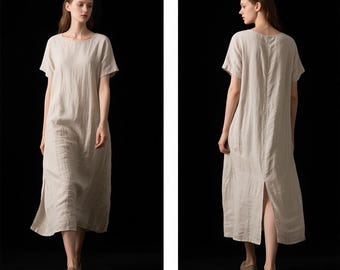 Women Linen Dress Loose Linen Midi Dress with Back Slit Summer Kaftan Dress Minimalist Short Sleeve Tunic Dress Casual Dress Custom Dress