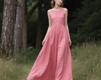 Ärmelloses Leinen Maxi Kleid für Frauen Sommer Boho Langes Kleid Rundhals A-Line bodenlangen Leinen Kleid Frauen Cottagecore Kleid individuelles Kleid