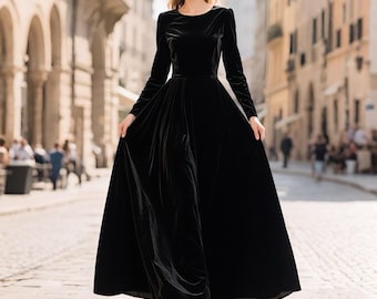 Black Velvet Dress Women, Elegant Floor Length Velvet Gown, Long Sleeve Formal Evening Dress, Handmade Winter Maxi Dress Party Custom Dress