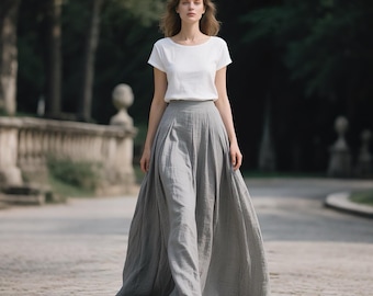 Linen Maxi Skirt for Women High Waist Flowy A-Line Skirt with Belt Loop Side Zipper Custom Handmade Long Boho Skirt Linen Skirt with Pockets