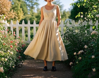 Linen Summer Dress Sleeveless Cottagecore Maxi Dress Vintage Inspired Flowy Dress Boho Dress with Waistband Pockets Custom Dress Women Dress