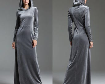 Gray Velvet Hooded Maxi Dress for Women Long Sleeve Dress Gothic Witch Dress Medieval Inspired Dress Floor Length Custom Gown Autumn Dress