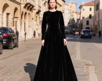 Black Velvet Maxi Dress Women Long Sleeve Floor Length Gown Elegant Velvet Evening Dress Formal Fall Winter Wedding Guest or Party Outfit