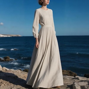 Romantic Long Linen Dress with Full Skirt Custom Floor-Length Flowy Summer Fall Maxi Dress Vintage Dress Cottagecore Gown with Long Sleeves