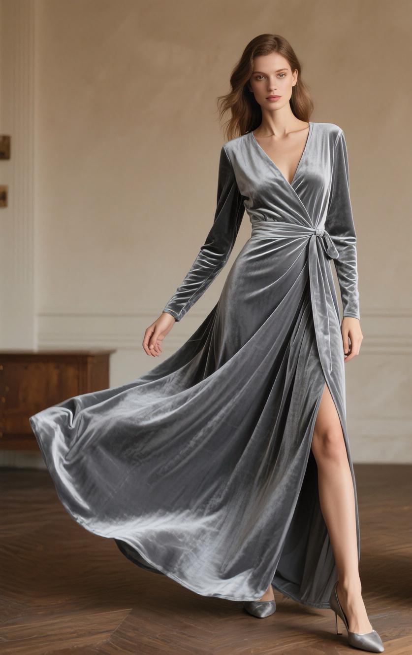 Grey Velvet Wrap Maxi Dress Women V Neck Long Sleeves Floor Length Tie Waist Evening Gown Winter Wedding Guest Custom Fall Winter Dress