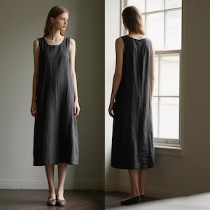 Abito midi in lino da donna, abito minimalista senza maniche con scollo a barchetta, abito ampio a trapezio in lino, abito estivo a strati, abito personalizzato fatto a mano