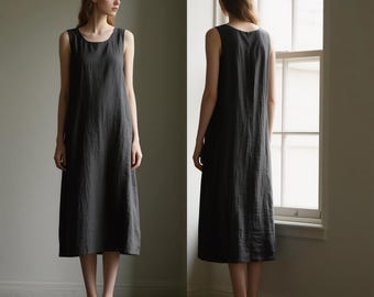 Women Linen Midi Dress Minimalist Sleeveless Scoop Neck Shift Dress Loose A-Line Linen Dress Summer Layering Dress Custom Handmade Dress