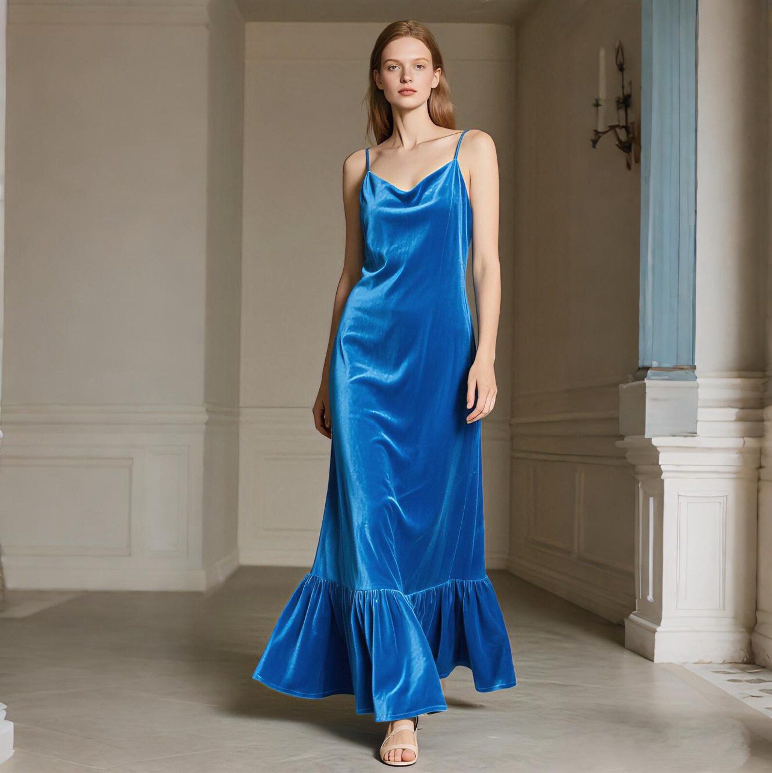 Blue Velvet Slip Dress for Women Cowl Neck Maxi Dress With Ruffle Hem — free download