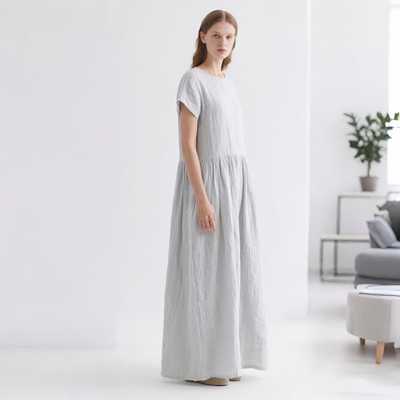 modest short sleeve maxi dress Women Summer Short Sleeve Dress Modest Business A Line Midi Dresses Loose Plain Casual Elegant Long Maxi Dress at Amazon Women's Clothing store